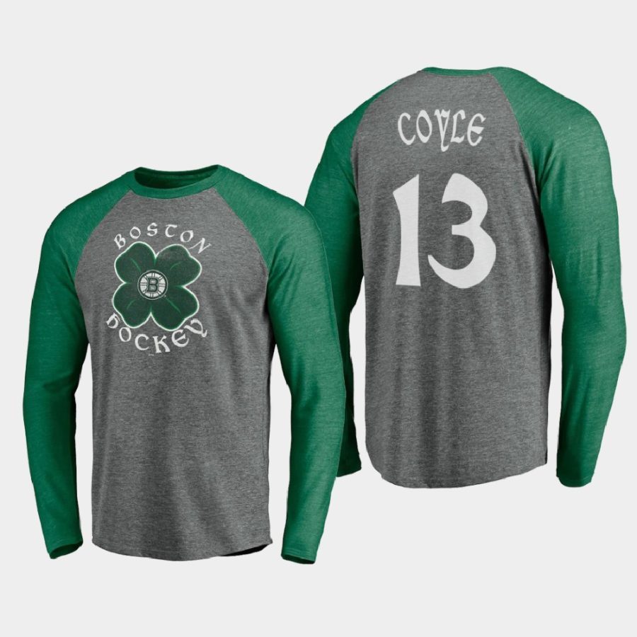 bruins charlie coyle gray st. patricks day celtic long sleeve raglan t shirt