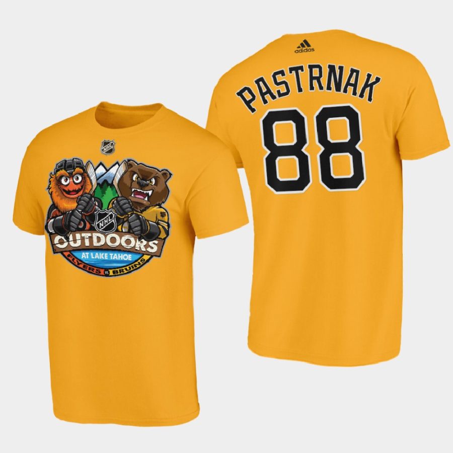 bruins david pastrnak yellow 2021 lake tahoe outdoor games mascot cartoon t shirt