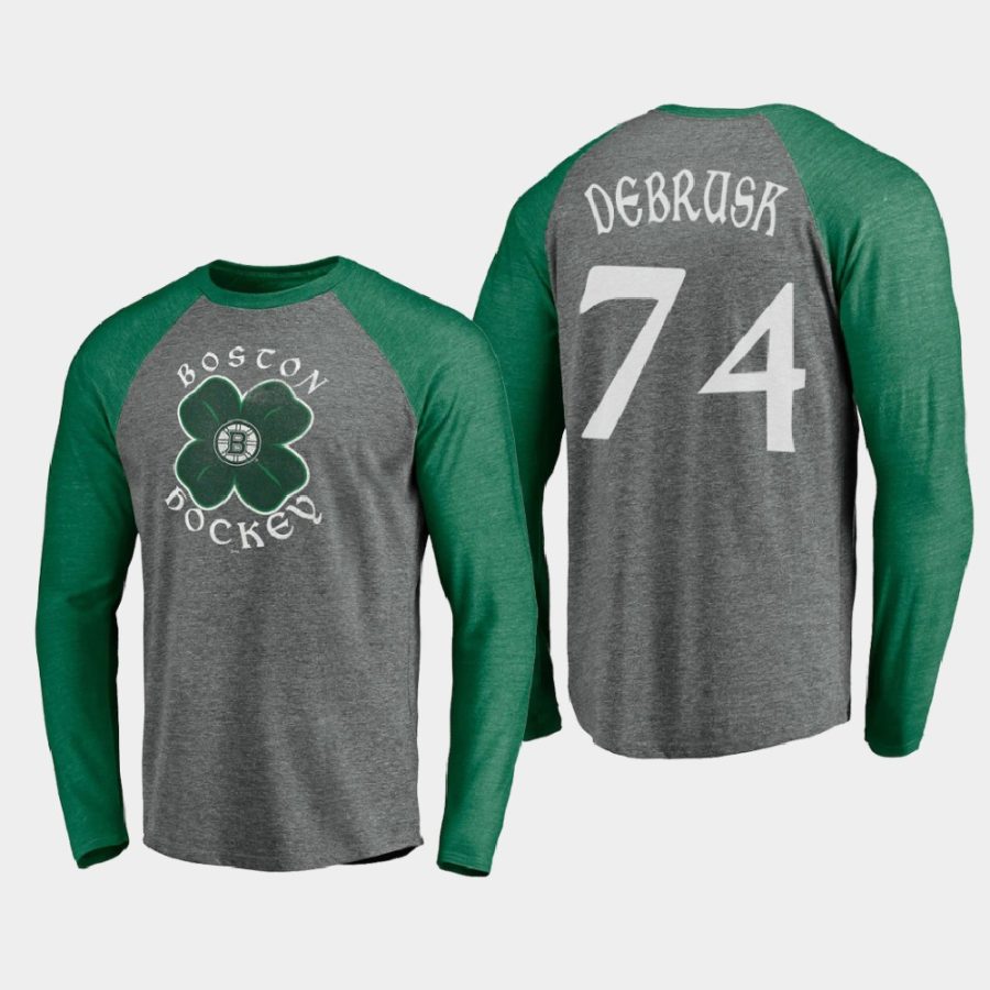 bruins jake debrusk gray st. patricks day celtic long sleeve raglan t shirt