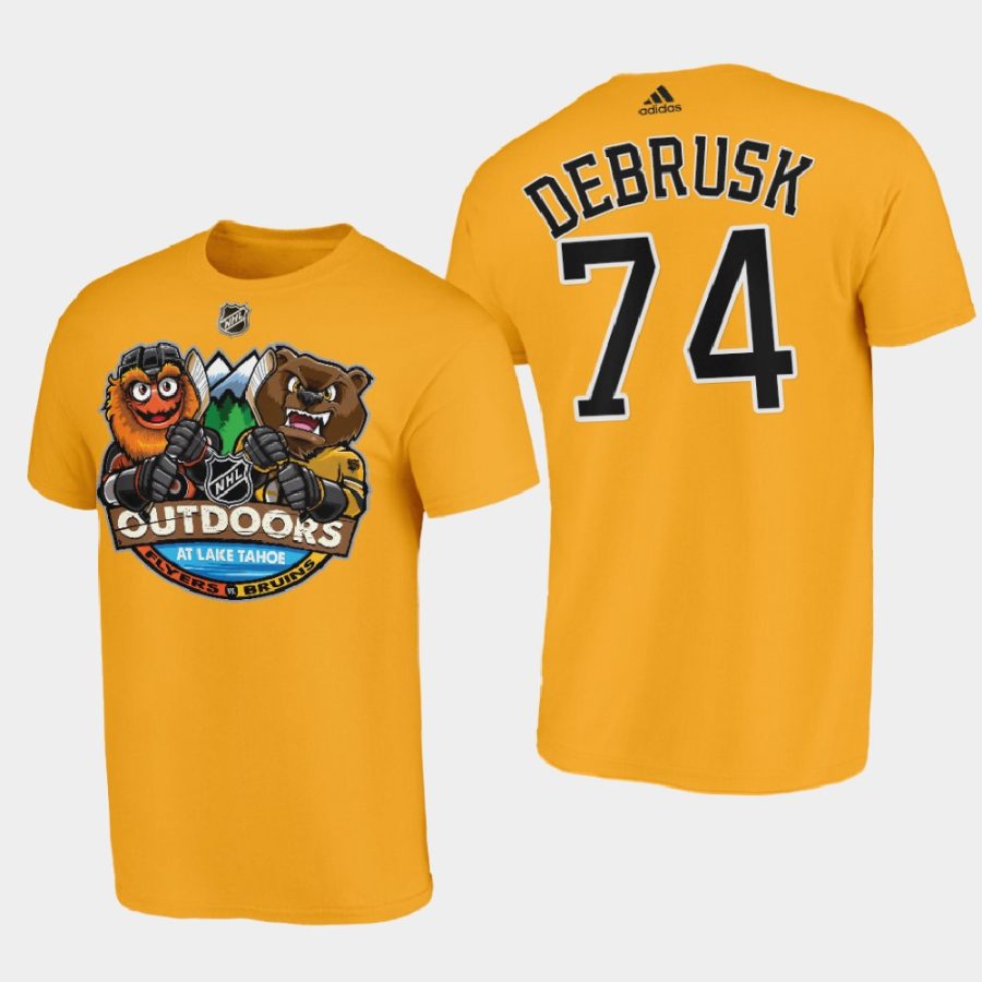 bruins jake debrusk yellow 2021 lake tahoe outdoor games mascot cartoon t shirt