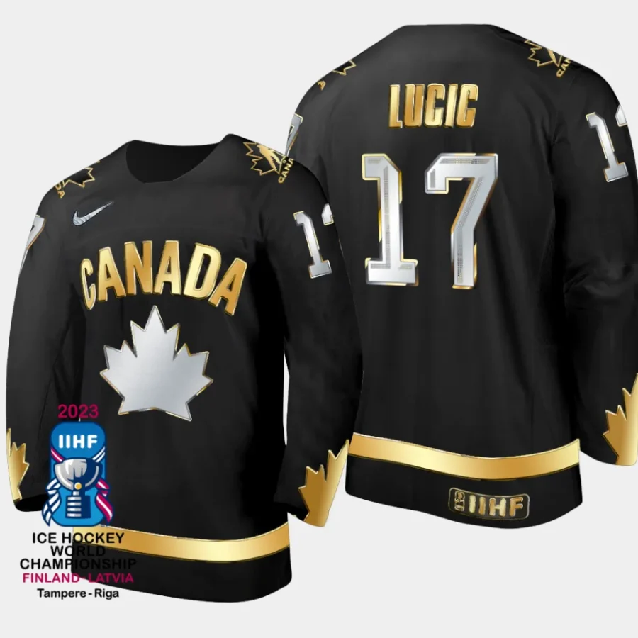 canada hockey milan lucic 2023 champions du monde men gold trophy jersey black