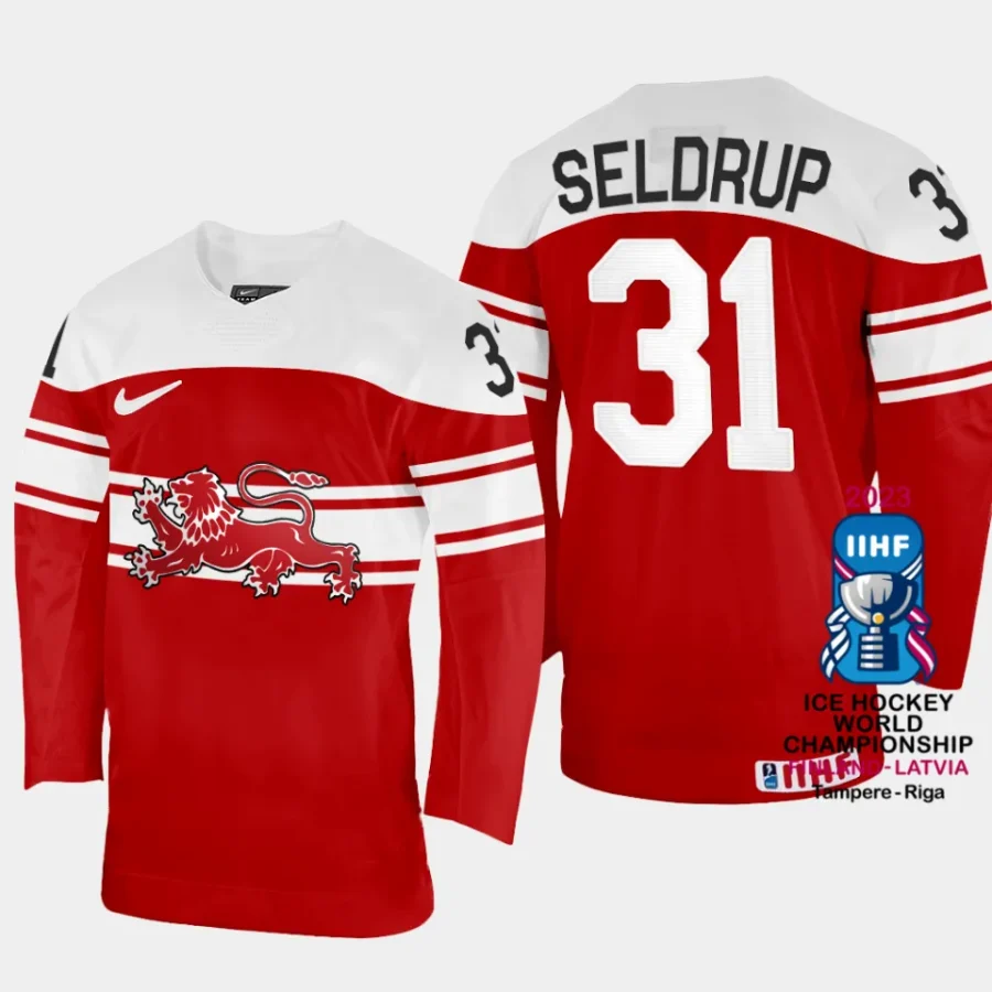 denmark hcokey mathias seldrup 2023 iihf world championship away jersey red