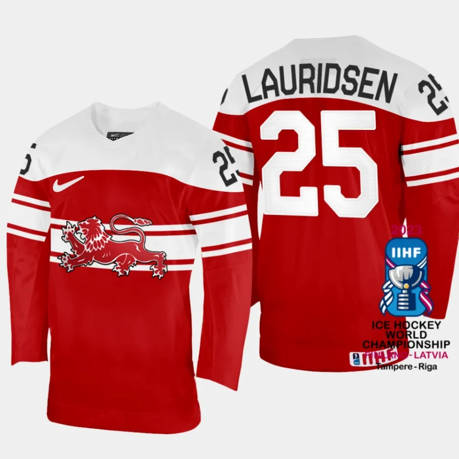 denmark hcokey oliver lauridsen 2023 iihf world championship away jersey red