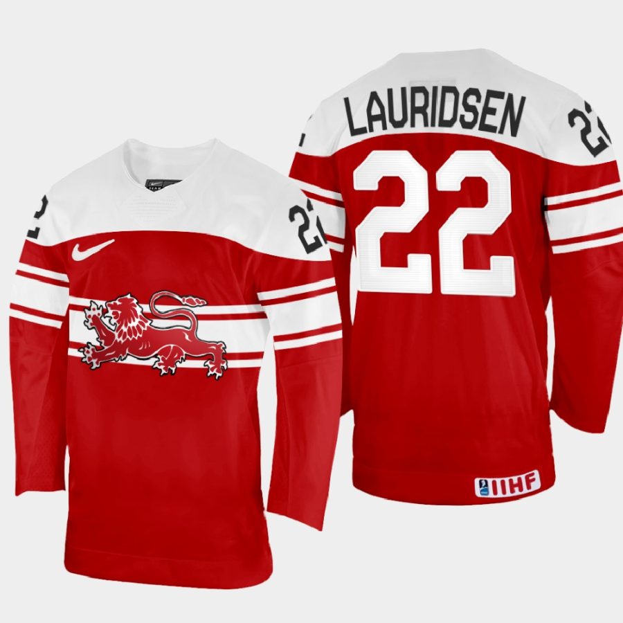 denmark hockey markus lauridsen 2022 iihf world championship away jersey red