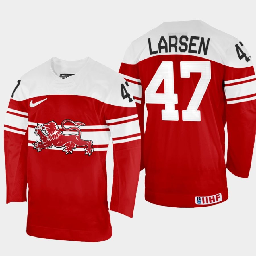 denmark hockey oliver larsen 2022 iihf world championship away jersey red