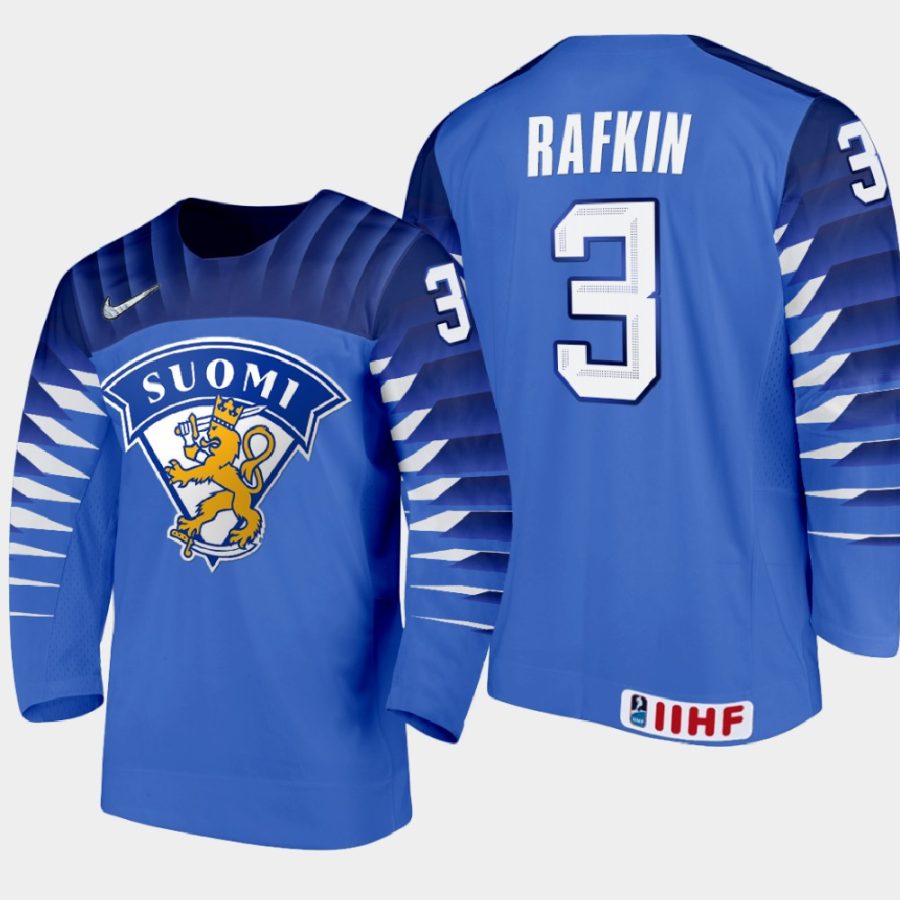 finland team ruben rafkin 2021 iihf world junior championship away jersey blue