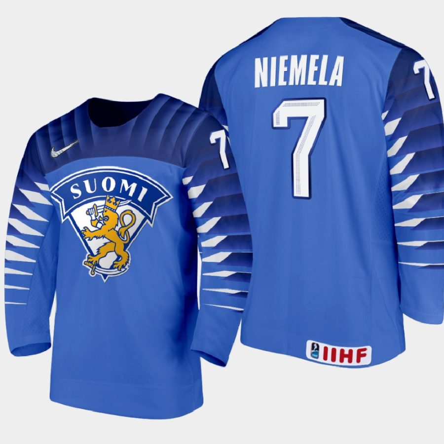 finland team topi niemela 2021 iihf world junior championship away jersey blue