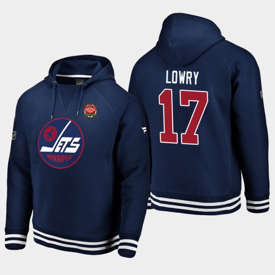 jets adam lowry navy 2019 heritage classic rinkside throwback pullover hoodie