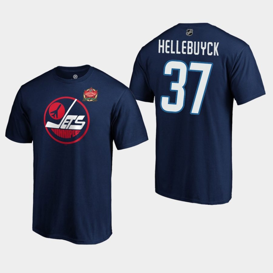 jets connor hellebuyck navy 2019 heritage classic primary logo t shirt