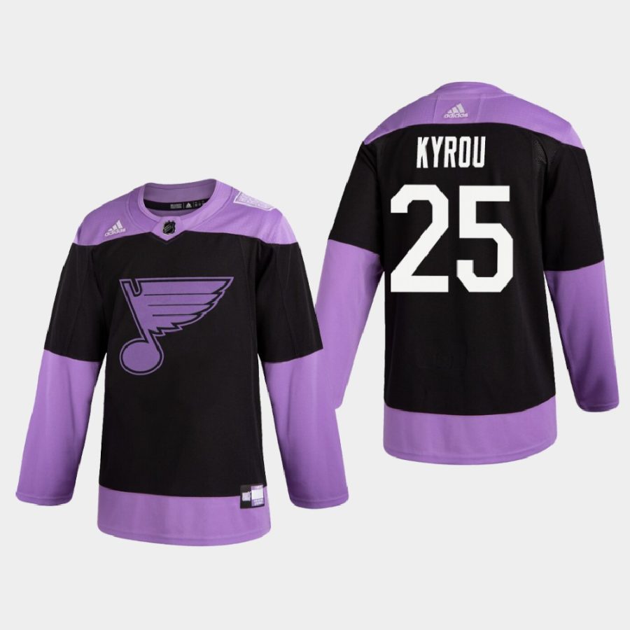 jordan kyrou blues black 2020 hockey fights cancer practice jersey