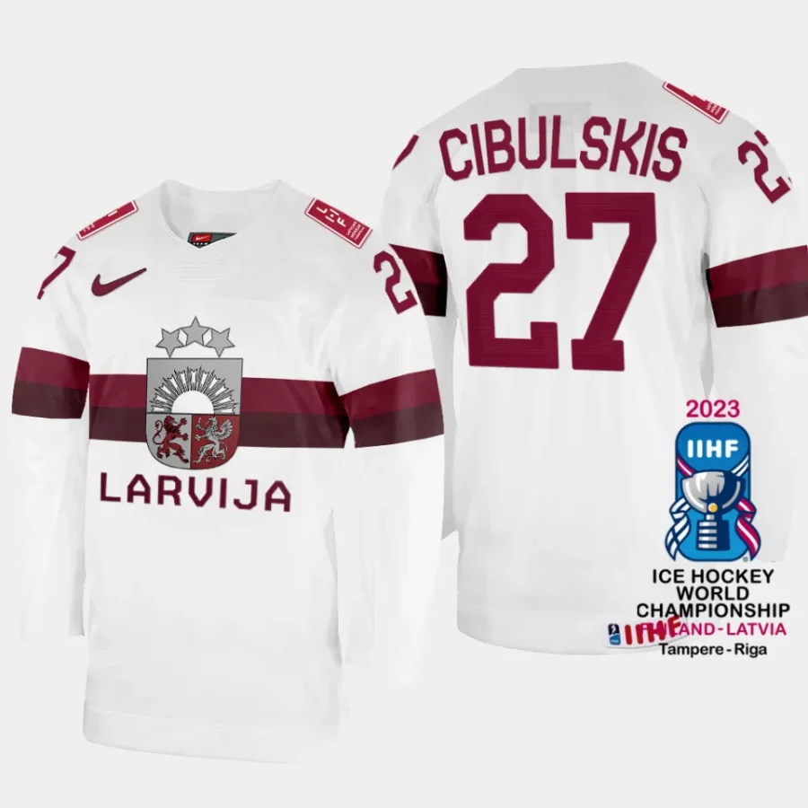 latvia hockey oskars cibulskis 2023 iihf world championship home jersey white