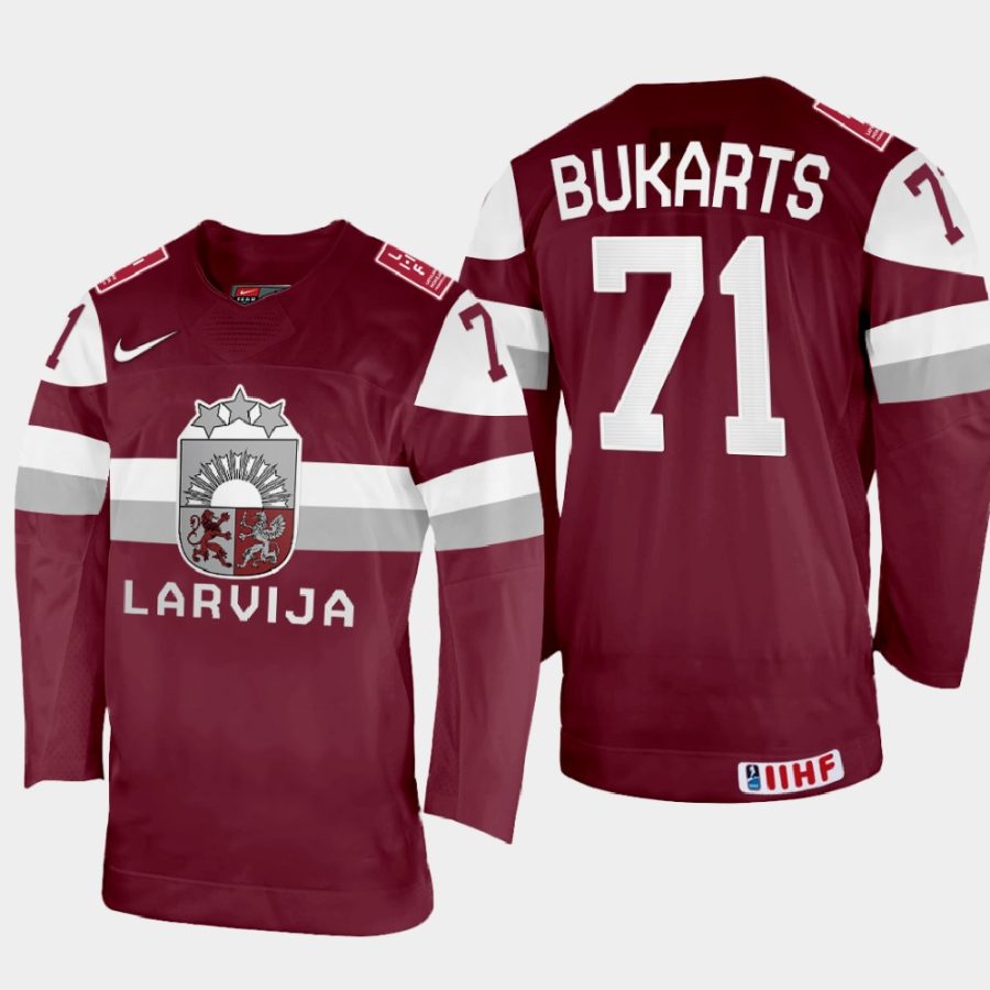 latvia hockey roberts bukarts 2022 iihf world championship away jersey maroon