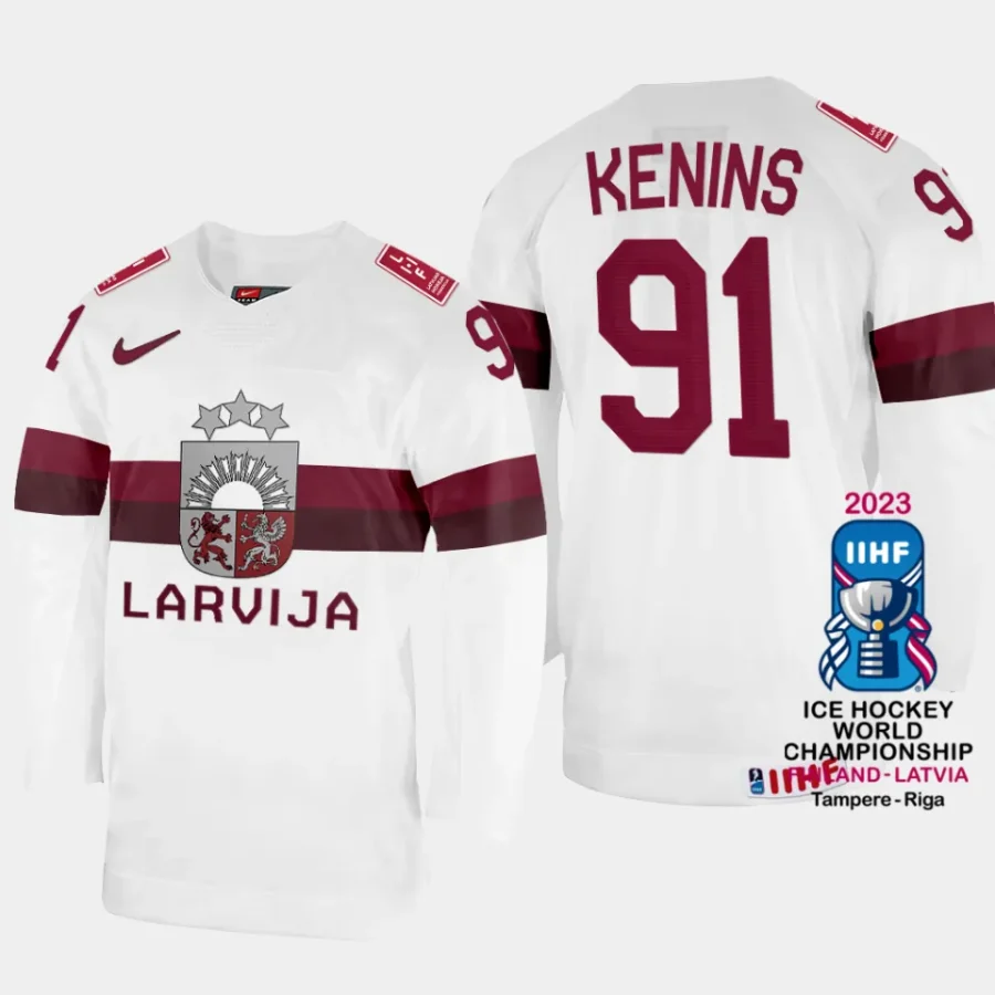 latvia hockey ronalds kenins 2023 iihf world championship home jersey white