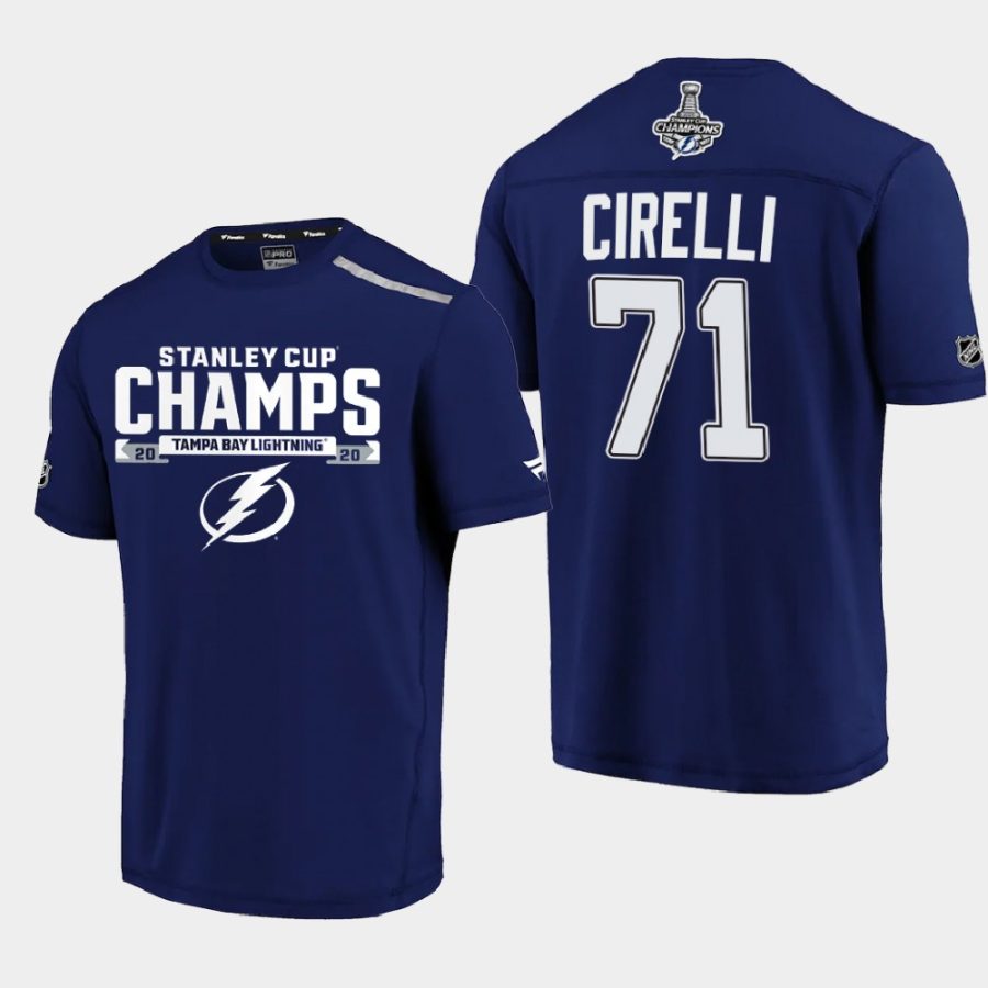 lightning anthony cirelli navy 2020 stanley cup champs trophy logo t shirt