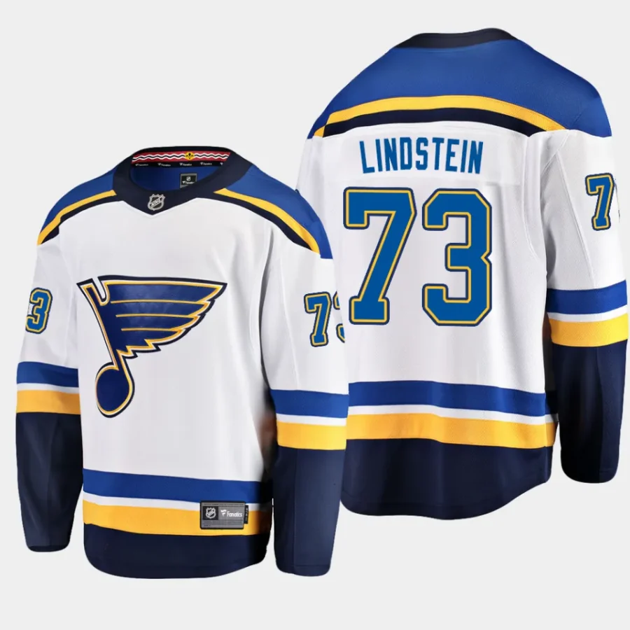 men blues theo lindstein men 2023 nhl draft away breakaway player white jersey