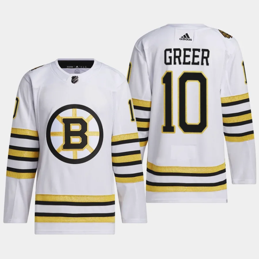 men bruins a.j. greer 2023 24 primegreen 100th anniversary authentic player white jersey