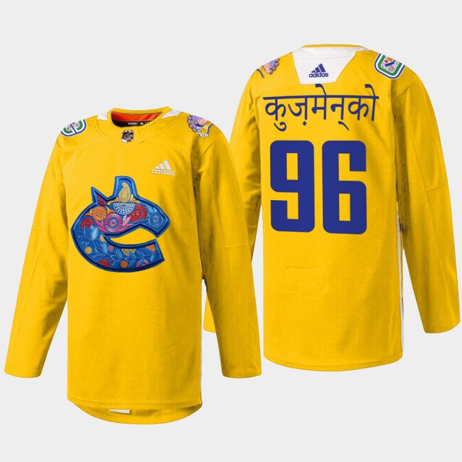 men canucks andrei kuzmenko 2022 warmup diwali night yellow jersey