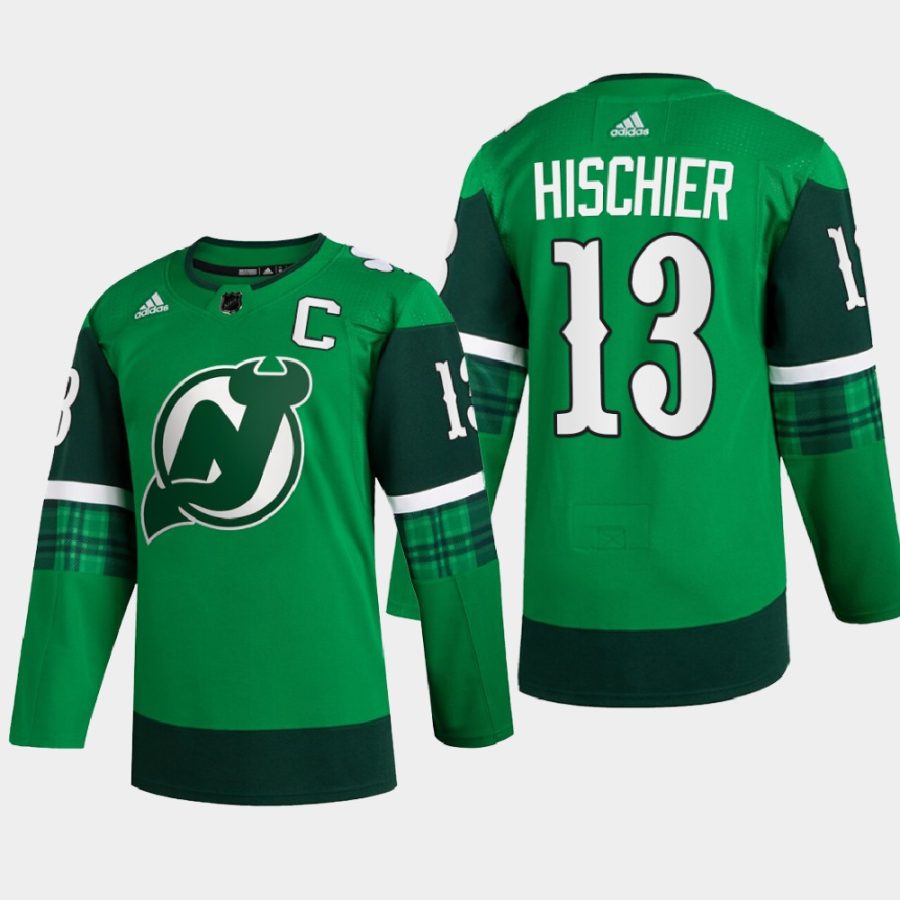 men devils nico hischier warm up st patricks day 2022 green jersey