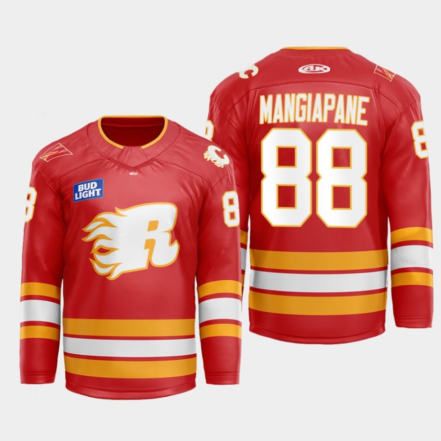 men flames andrew mangiapane 2022 23 warmup flames x rush x cgy wranglers red jersey