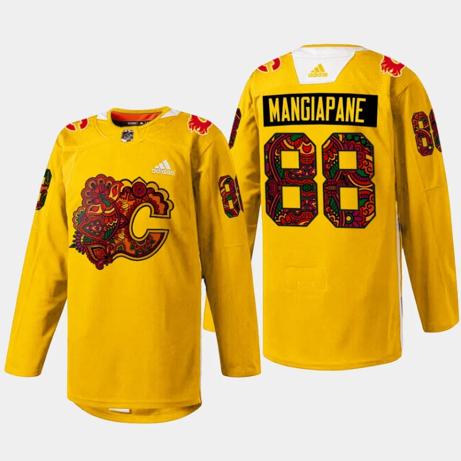 men flames andrew mangiapane holi south asian celebration 2024 gold jersey