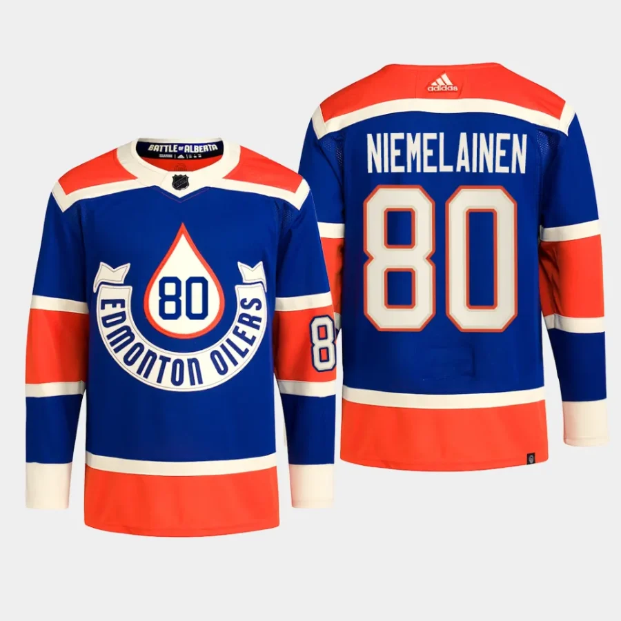 men oilers markus niemelainen primegreen 2023 nhl heritage classic authentic player royal jersey