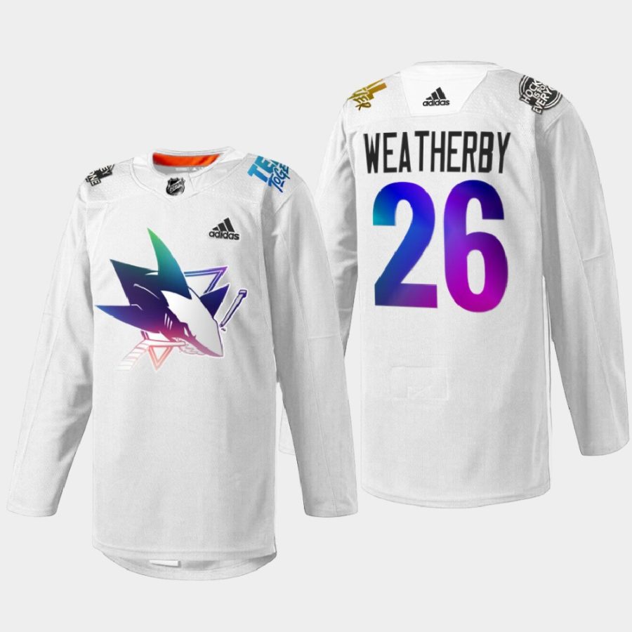 men sharks jasper weatherby hockeyisforeveryone pride night 2022 white jersey