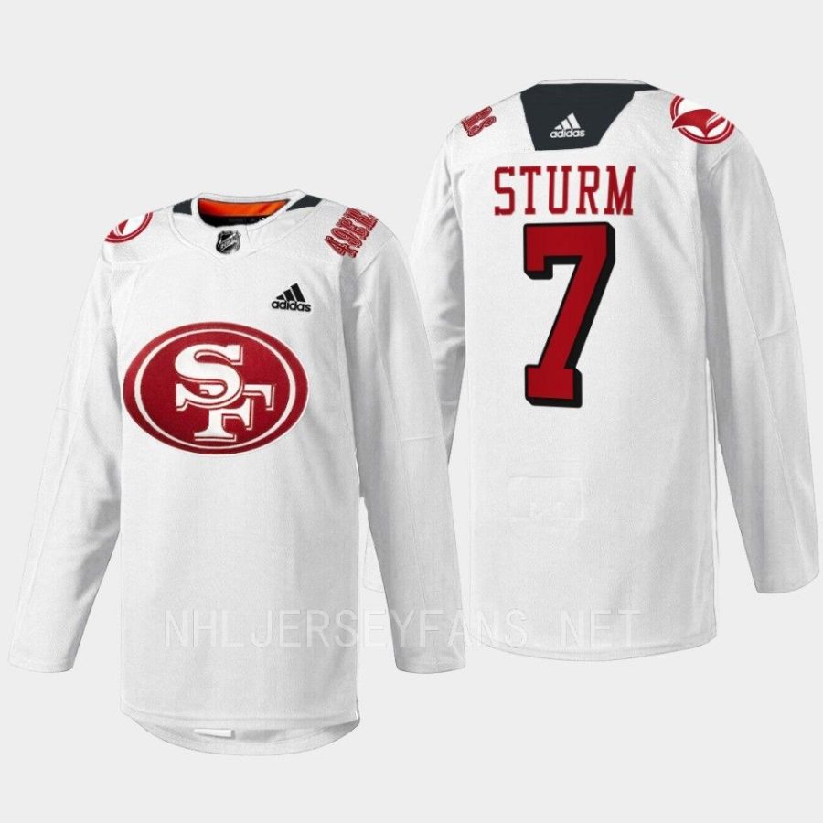 men sharks nico sturm 2022 specialty warm up 49er mash up white jersey