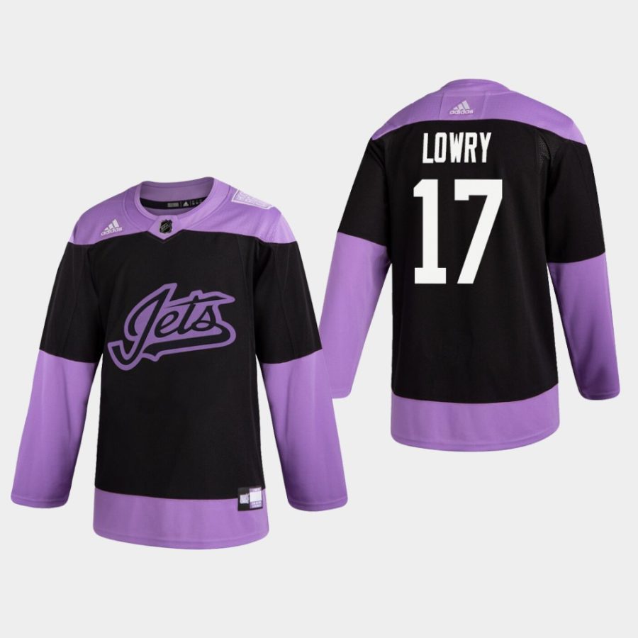 mens adam lowry jets black hockey fights cancer practice jersey