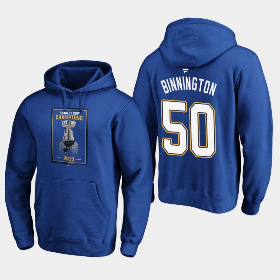 mens jordan binnington blues royal 2019 stanley cup champions banner collection pullover hoodie