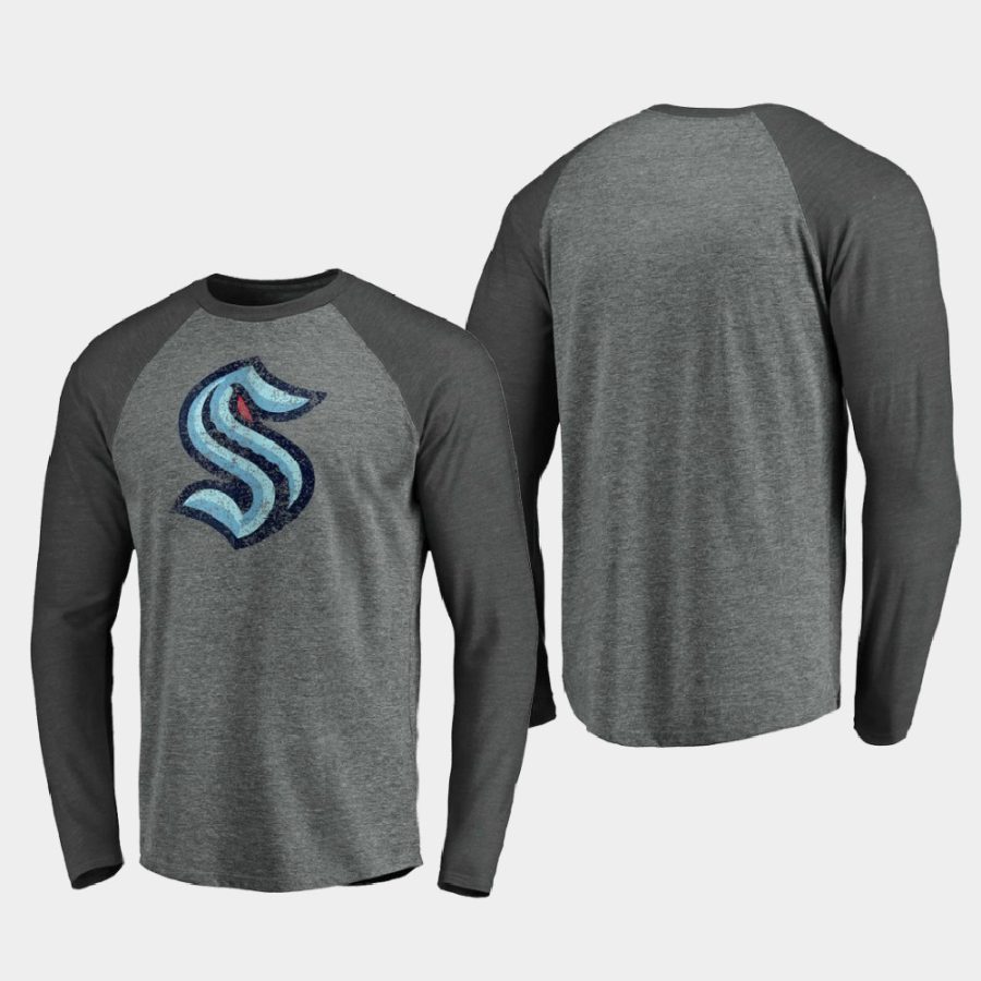 mens seattle kraken distressed heather gray raglan long sleeve t shirt