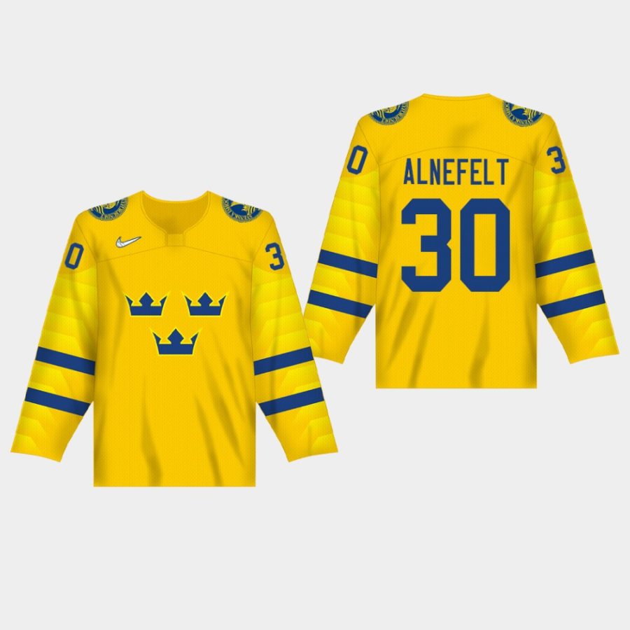 mens sweden hugo alnefelt 2020 iihf world junior championship yellow jersey