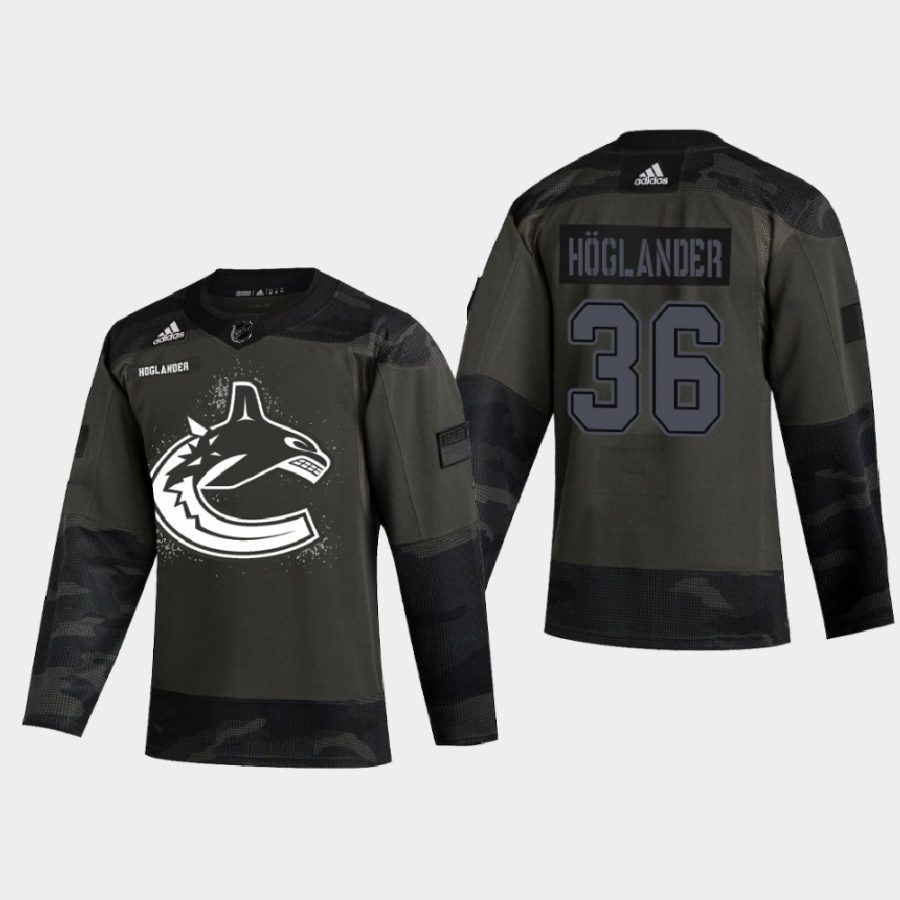 nils hoglander canucks camo 2021 armed forces night warm up jersey