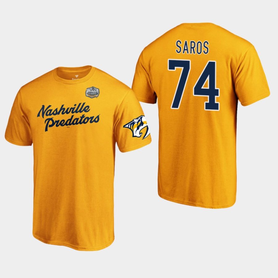 predators juuse saros gold 2020 winter classic primary logo t shirt