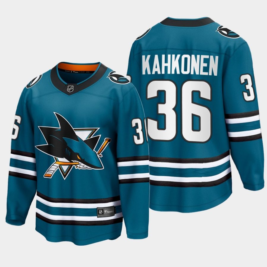 san jose sharks kaapo kahkonen home 2022 23 the evolve jersey teal