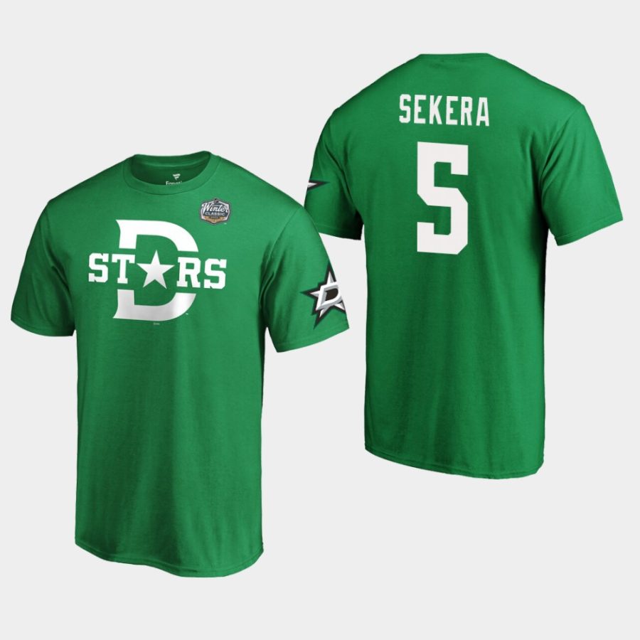 stars andrej sekera kelly green 2020 winter classic primary logo t shirt