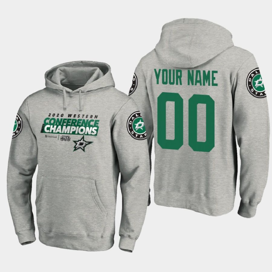 stars custom gray 2020 western conference champions locker room taped up pullover hoodie