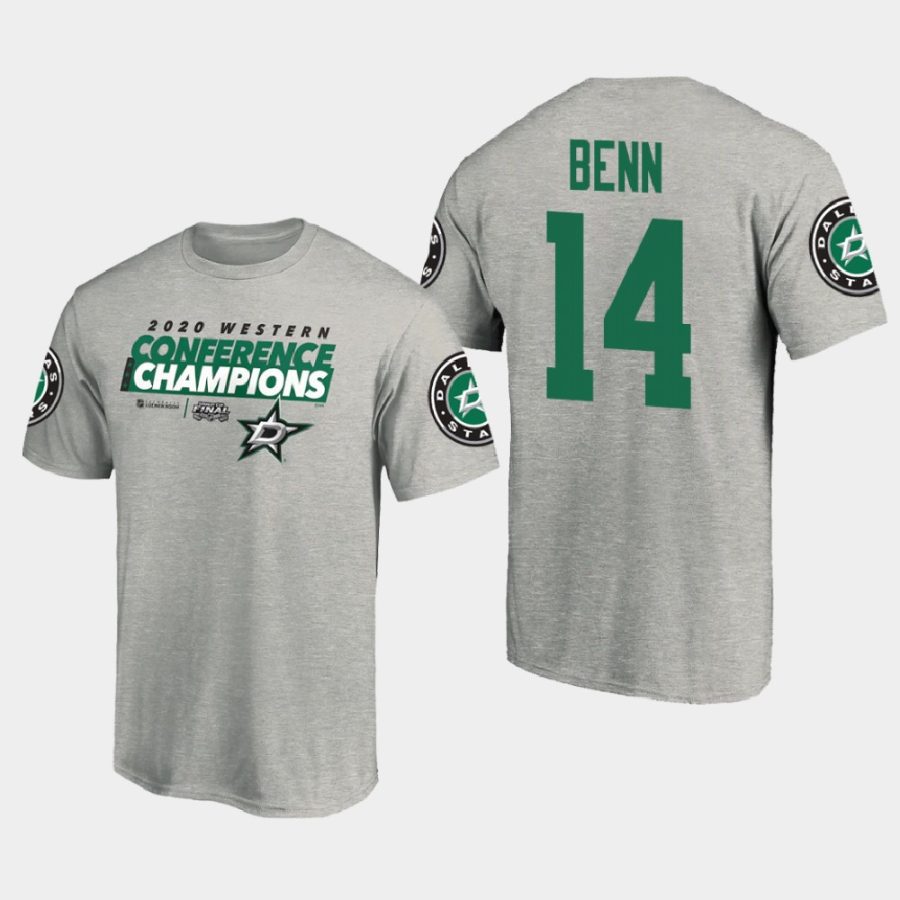 stars jamie benn gray 2020 western conference champions locker room taped up t shirt