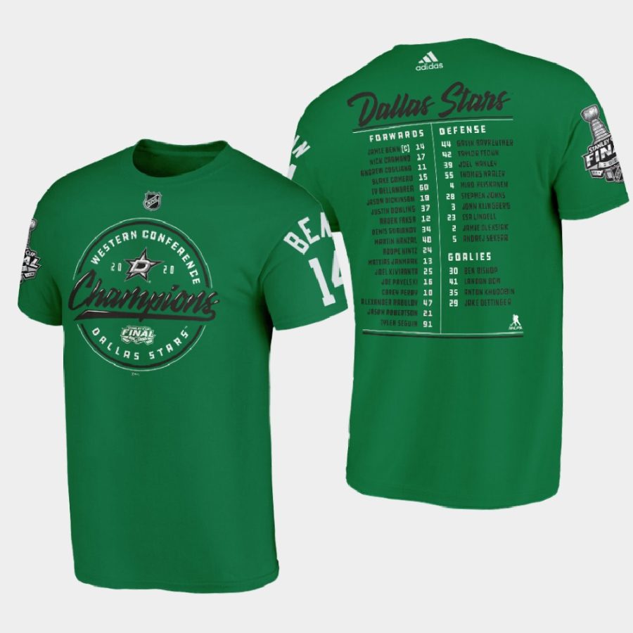 stars jamie benn green 2020 western conference champs pivot roster t shirt