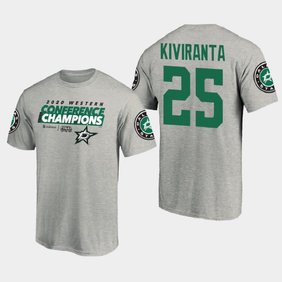 stars joel kiviranta gray 2020 western conference champions locker room taped up t shirt