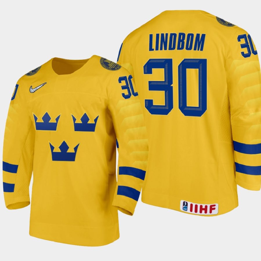 sweden carl lindbom 2021 iihf u18 world championship home jersey gold