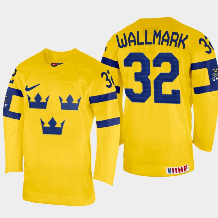 sweden hockey lucas wallmark 2022 iihf world championship home jersey yellow