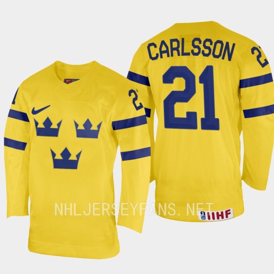 sweden leo carlsson 2023 iihf world junior championship home jersey yellow