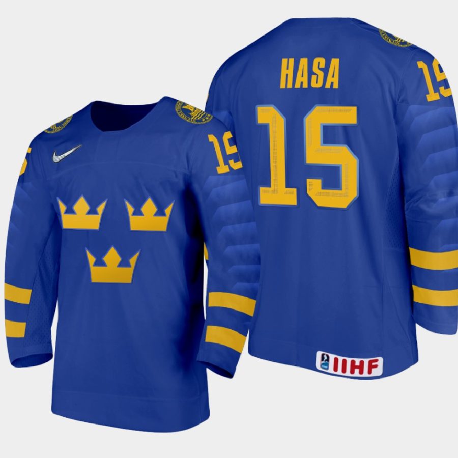 sweden noah hasa 2021 iihf u18 world championship away jersey blue