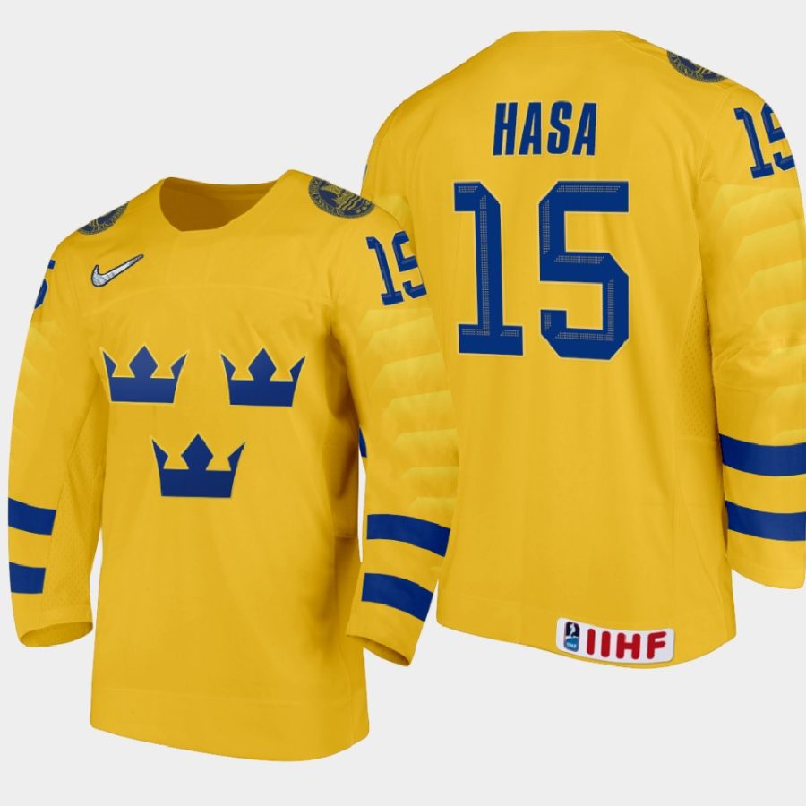 sweden noah hasa 2021 iihf u18 world championship home jersey gold