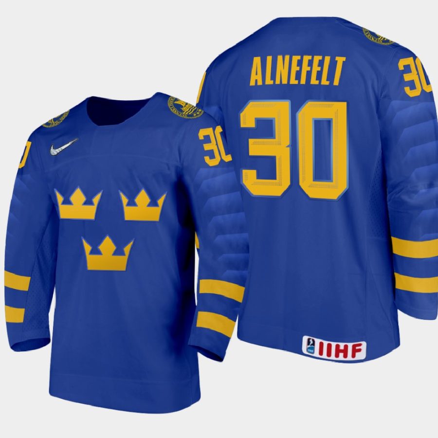 sweden team hugo alnefelt 2021 iihf world junior championship away jersey blue