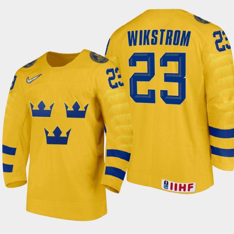 sweden team jonathan wikstrom 2021 iihf world junior championship home jersey gold