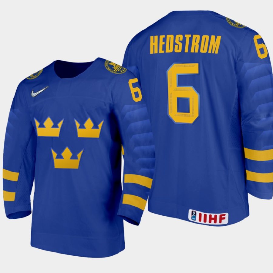 sweden team ludvig hedstrom 2021 iihf world junior championship away jersey blue