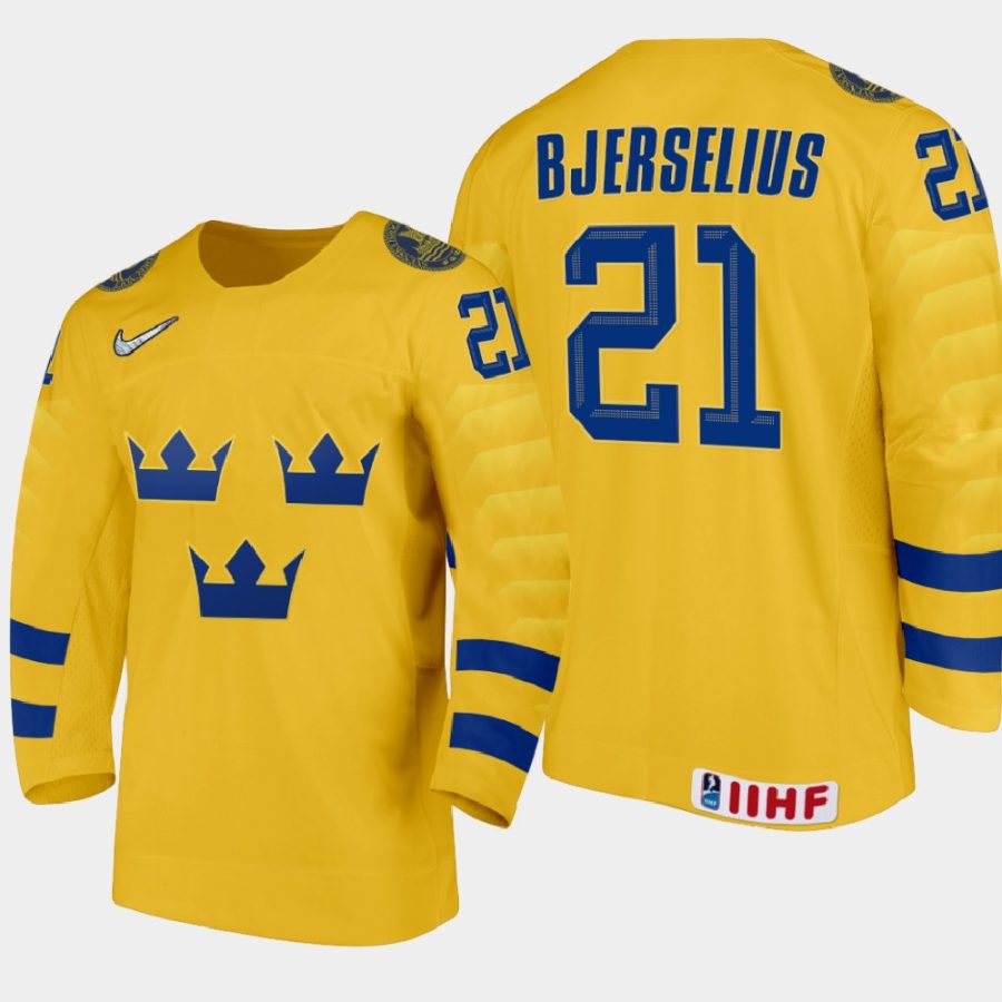 sweden team oscar bjerselius 2021 iihf world junior championship home jersey gold