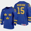 sweden team simon holmstrom 2021 iihf world junior championship away jersey blue