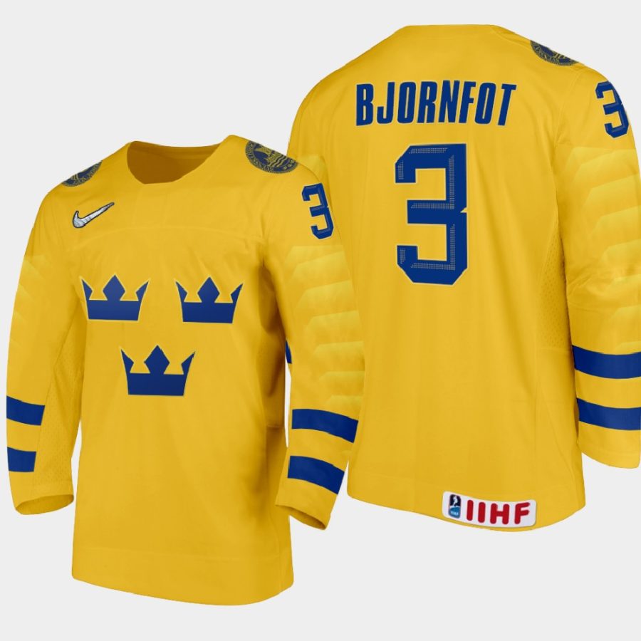 sweden team tobias bjornfot 2021 iihf world junior championship home jersey gold